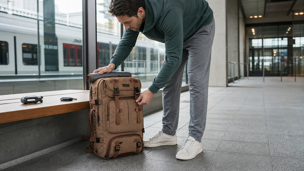 Traveler tightening a brown WITZMAN A8013 backpack at a European airport rail-link concourse