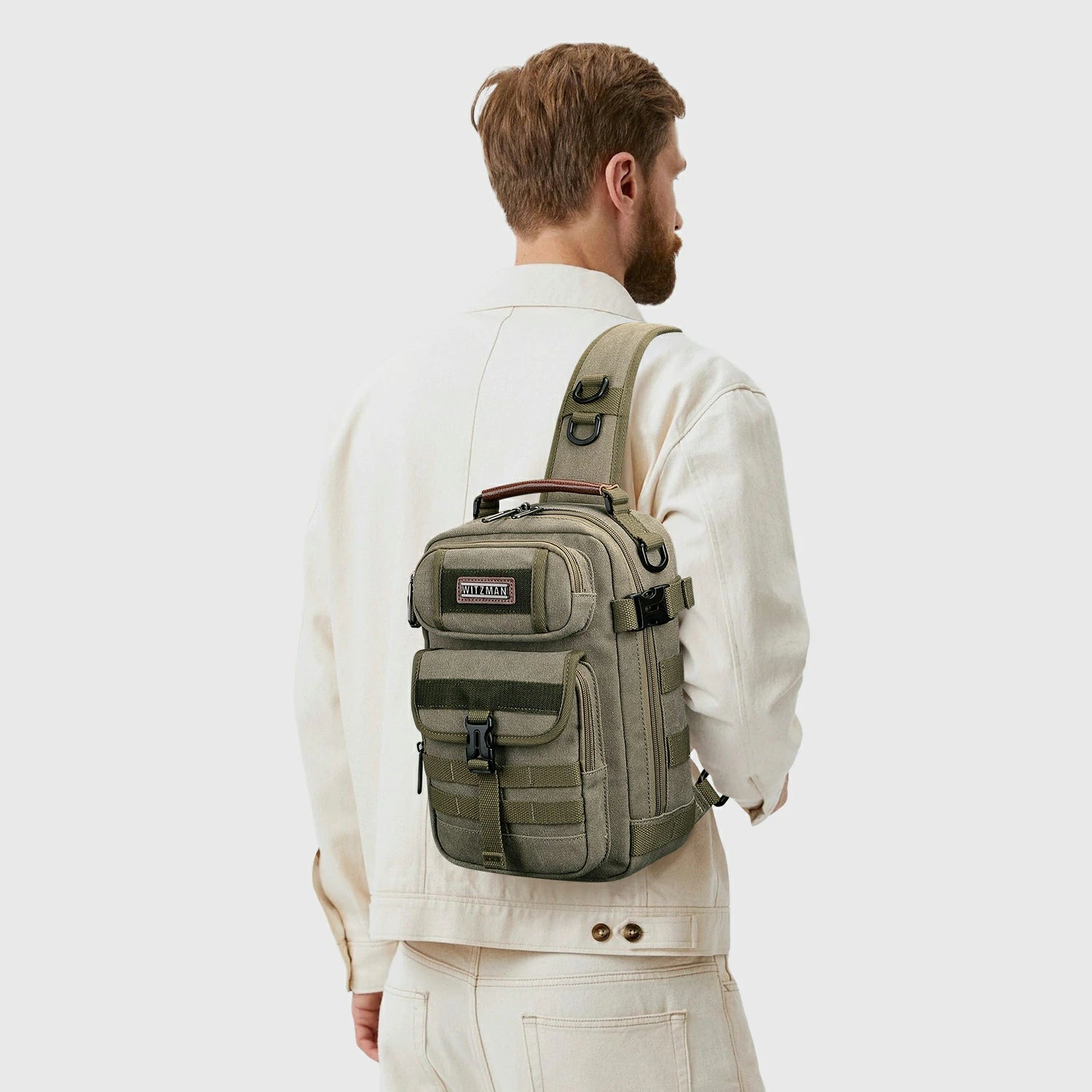 Men’S Canvas Sling Bag with Tactical Webbing, Casual Chest Bag, nylon texture and stitching