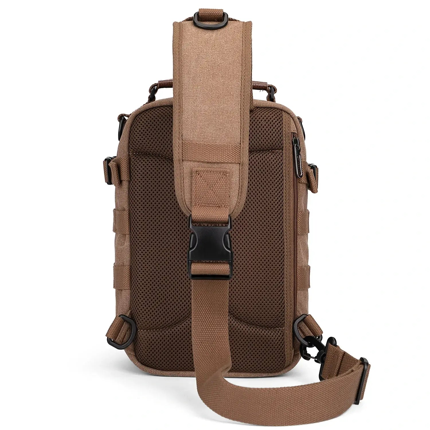 Casual men’s canvas sling bag with tactical webbing, padded iPad sleeve, and anti-theft pocket. Ideal for daily carry, travel, and city commuting.-brown a8021 witzman