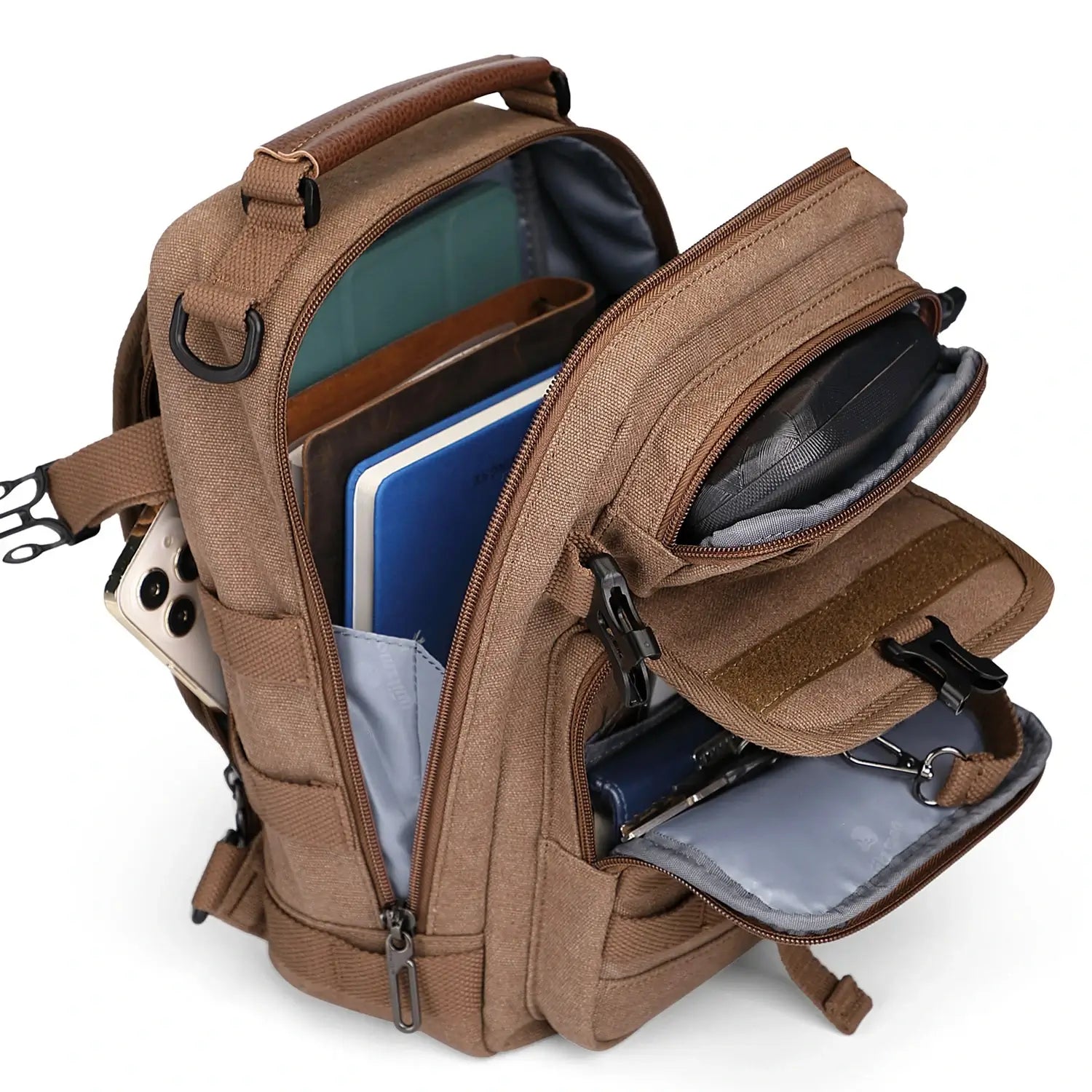 Casual men’s canvas sling bag with tactical webbing, padded iPad sleeve, and anti-theft pocket. Ideal for daily carry, travel, and city commuting.-brown a8021 witzman