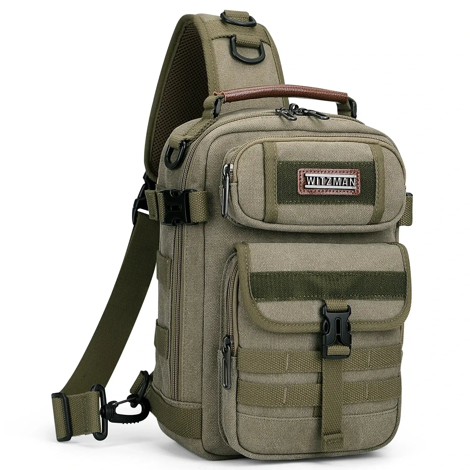 Casual men’s canvas sling bag with tactical webbing, padded iPad sleeve, and anti-theft pocket. Ideal for daily carry, travel, and city commuting.-green bag a8021 witzman