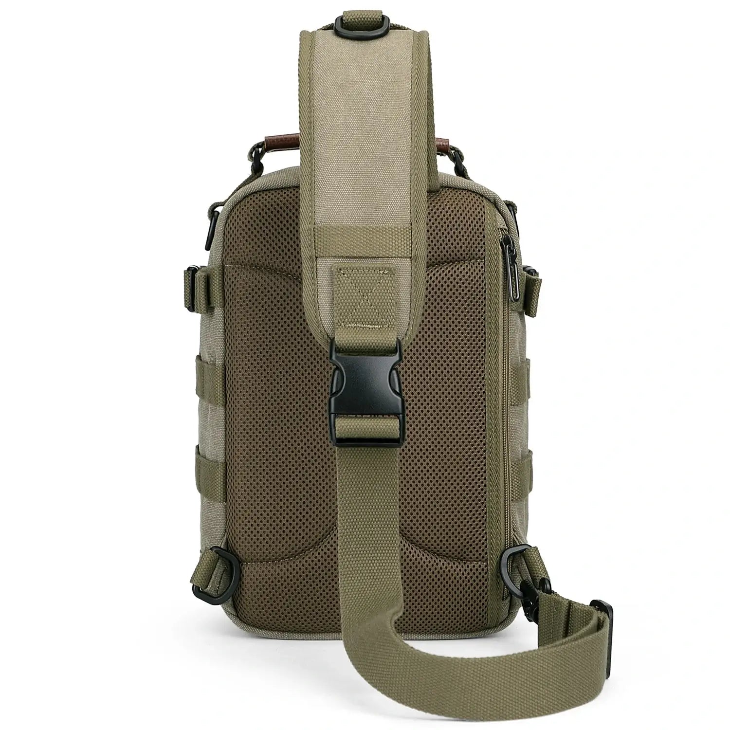 Casual men’s canvas sling bag with tactical webbing, padded iPad sleeve, and anti-theft pocket. Ideal for daily carry, travel, and city commuting.-green bag a8021 witzman
