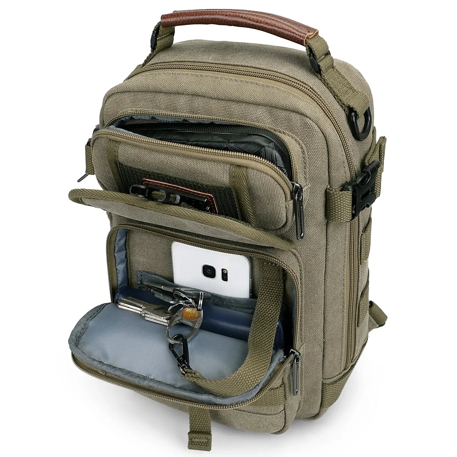 Casual men’s canvas sling bag with tactical webbing, padded iPad sleeve, and anti-theft pocket. Ideal for daily carry, travel, and city commuting.-green bag a8021 witzman