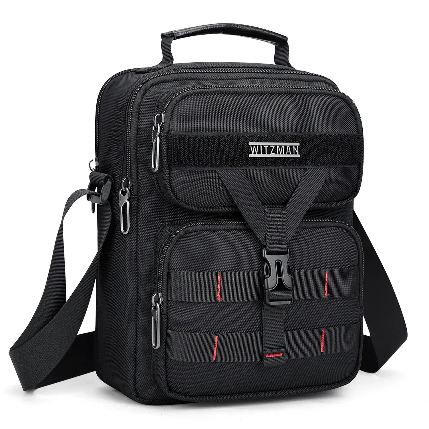 WITZMAN B707 nylon crossbody sling bag for men small travel shoulder messenger with anti-theft pocket and MOLLE webbing Black