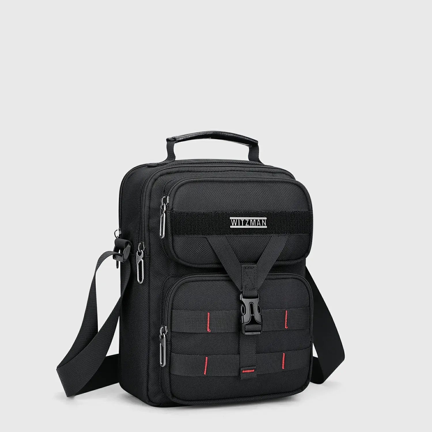 WITZMAN B707 nylon crossbody sling bag for men small travel shoulder messenger with anti-theft pocket and MOLLE webbing Black