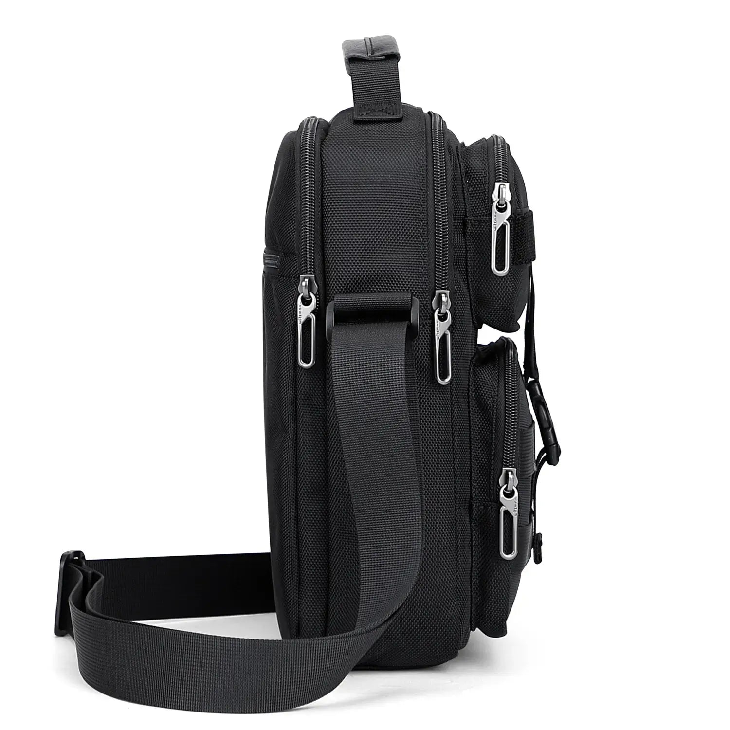 WITZMAN B707 nylon crossbody sling bag for men small travel shoulder messenger with anti-theft pocket and MOLLE webbing Black