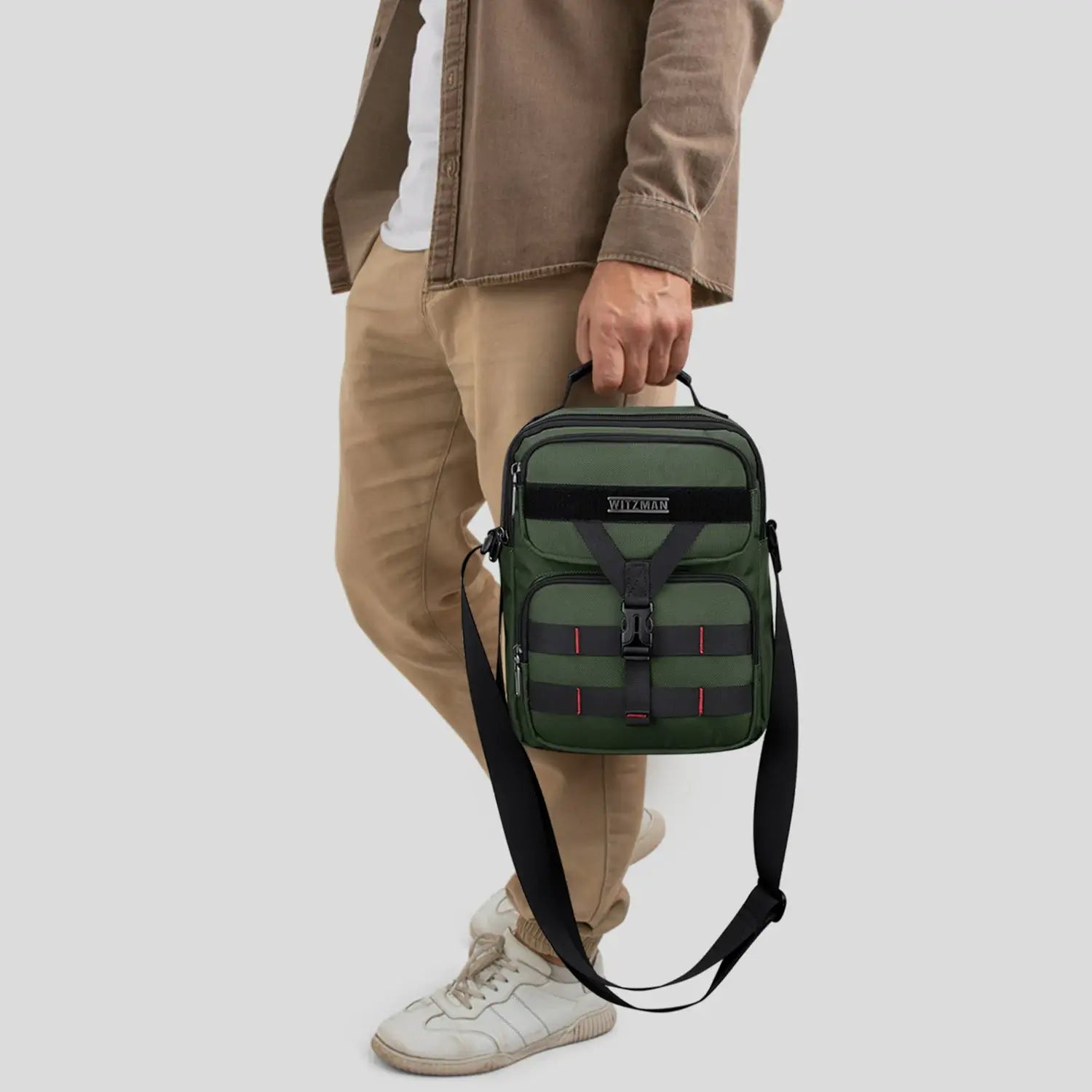 WITZMAN B707 nylon crossbody sling bag for men small travel shoulder messenger with anti-theft pocket and MOLLE webbing army green