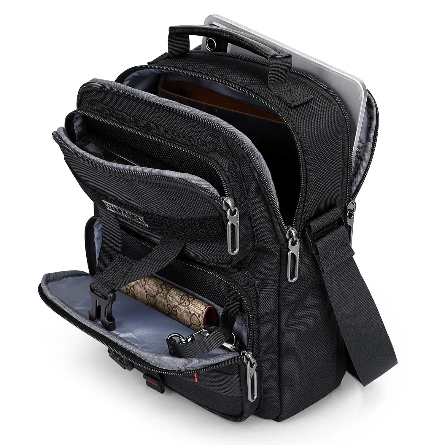 WITZMAN B707 nylon crossbody sling bag for men small travel shoulder messenger with anti-theft pocket and MOLLE webbing Black