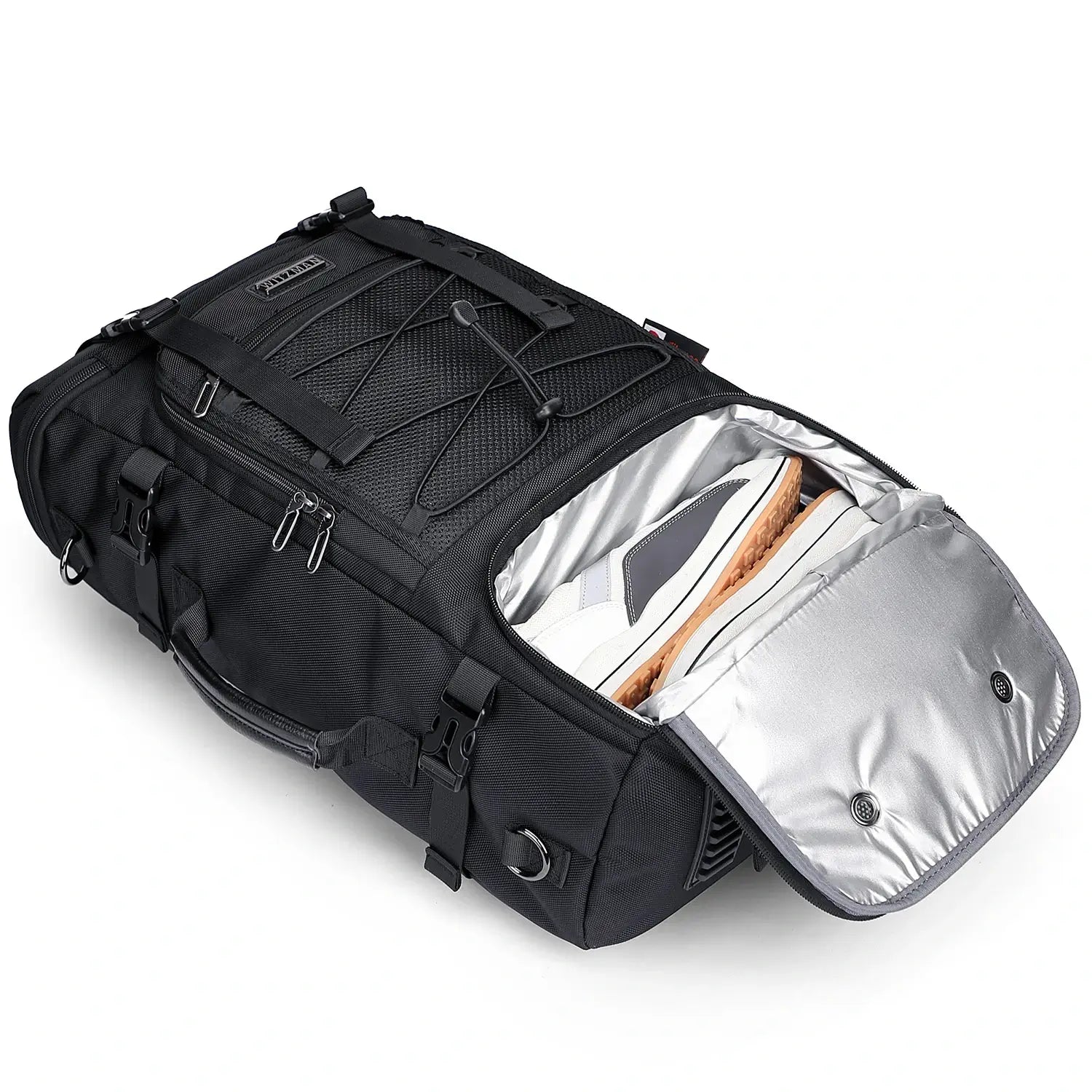 Water resistant recycled nylon carry on backpack for travel with shoe shoe compartment