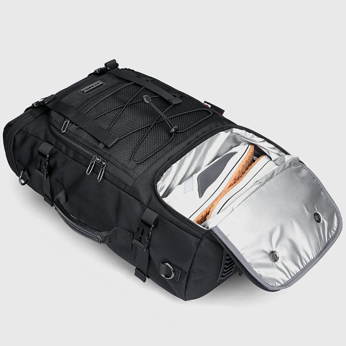 Water resistant recycled nylon carry on backpack for travel with shoe shoe compartment
