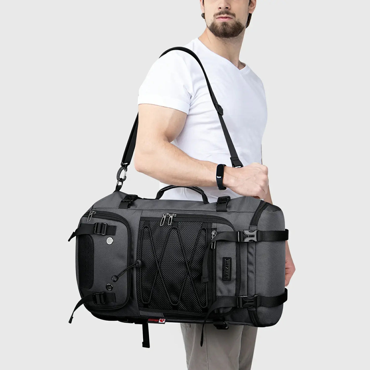 Men’S 3-in-1 Convertible Travel Backpack with Shoe Compartment, side profile and travel size