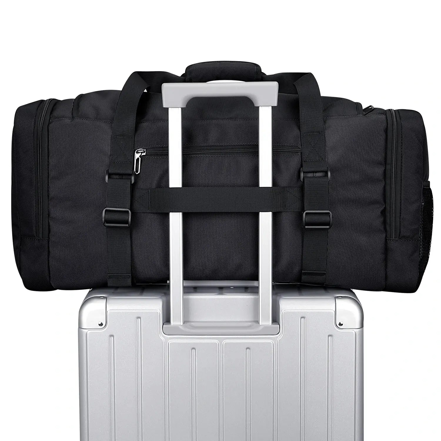 WITZMAN 54L black travel duffel bag for men with shoe compartment and wet-dry pocket luggage strap