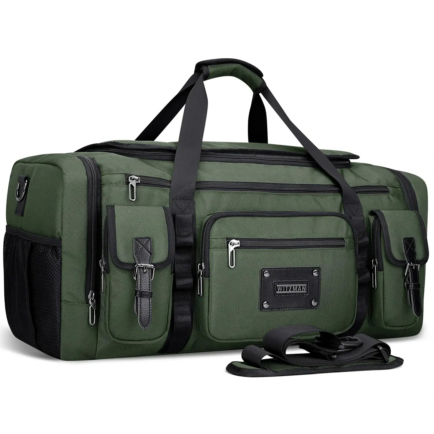 WITZMAN 54L army green travel duffel bag for men with shoe compartment and wet-dry pocket