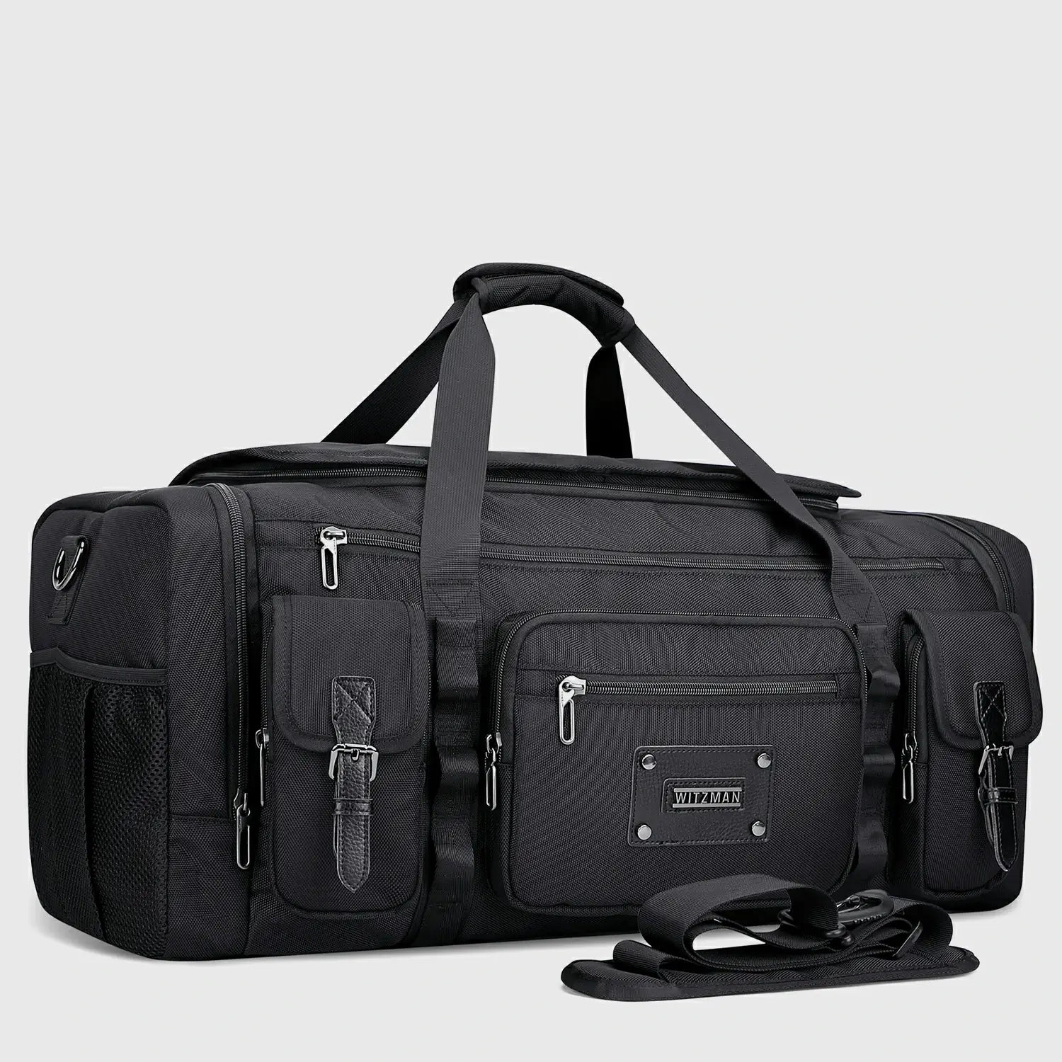 WITZMAN 54L black travel duffel bag for men with shoe compartment and wet-dry pocket