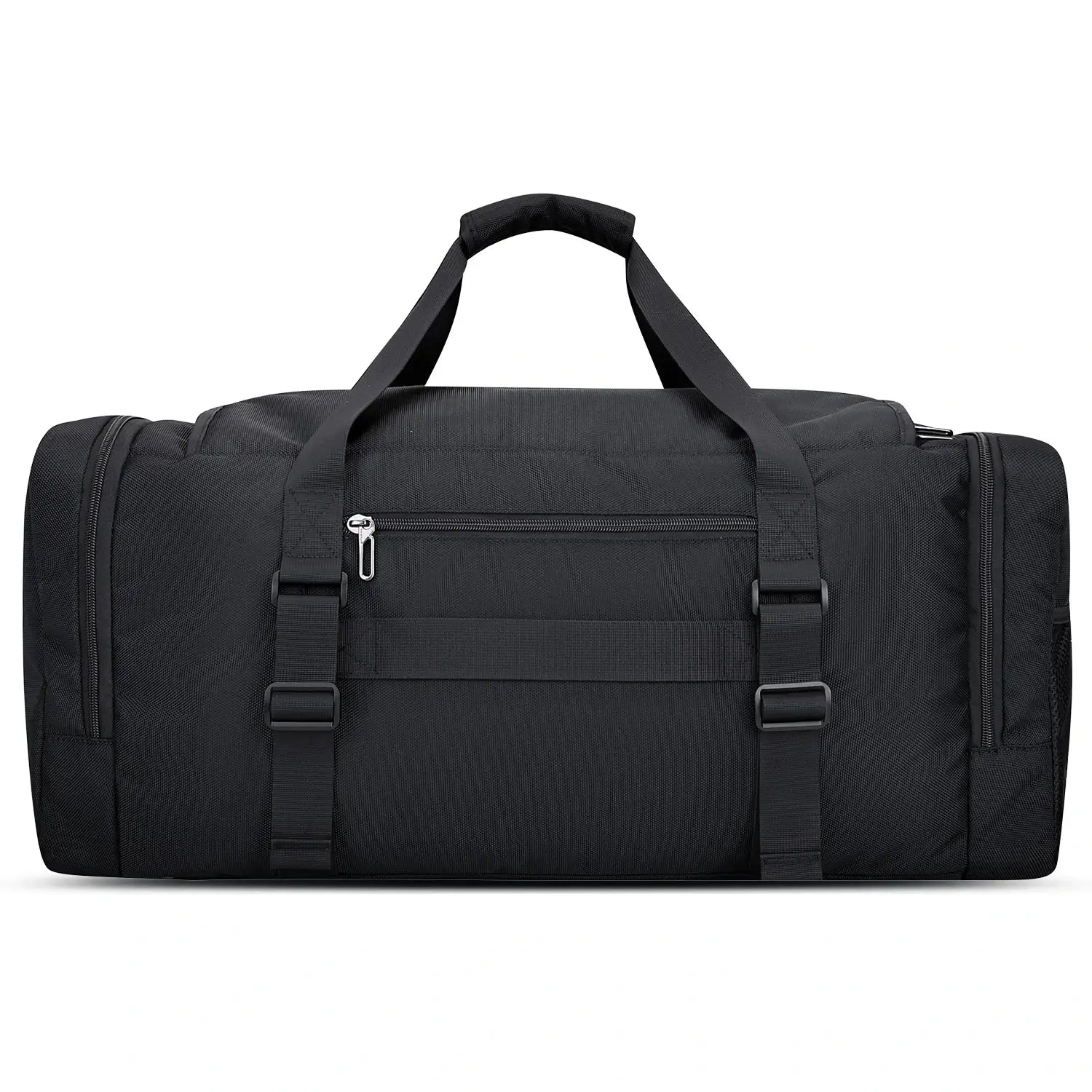 WITZMAN 54L black travel duffel bag for men with shoe compartment and wet-dry pocket back