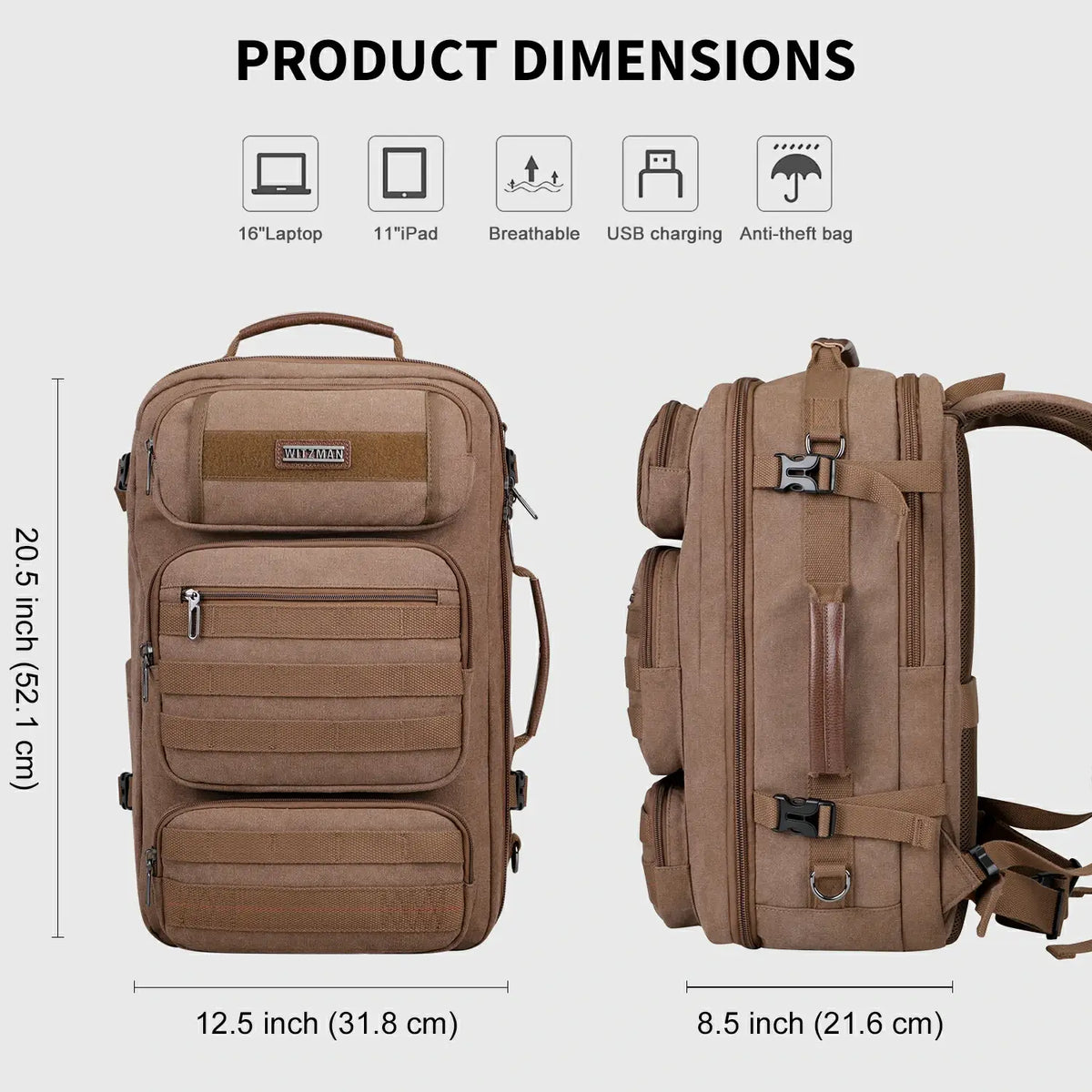 WITZMAN A8023 40L canvas travel backpack product view 10