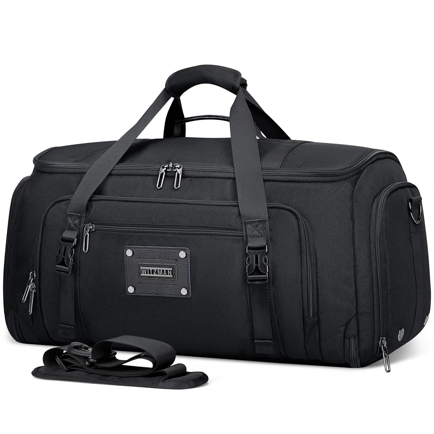 Men’s garment duffle bag with hanging suit compartment black nylon weekender bag