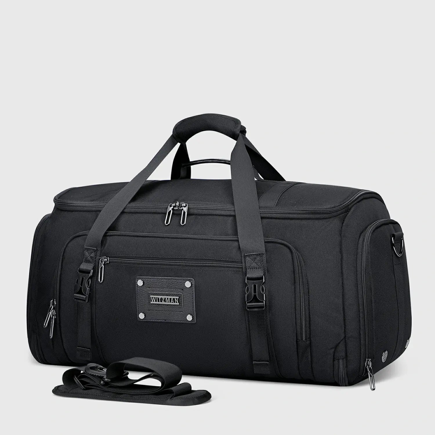 Men’s garment duffle bag with hanging suit compartment black nylon weekender bag