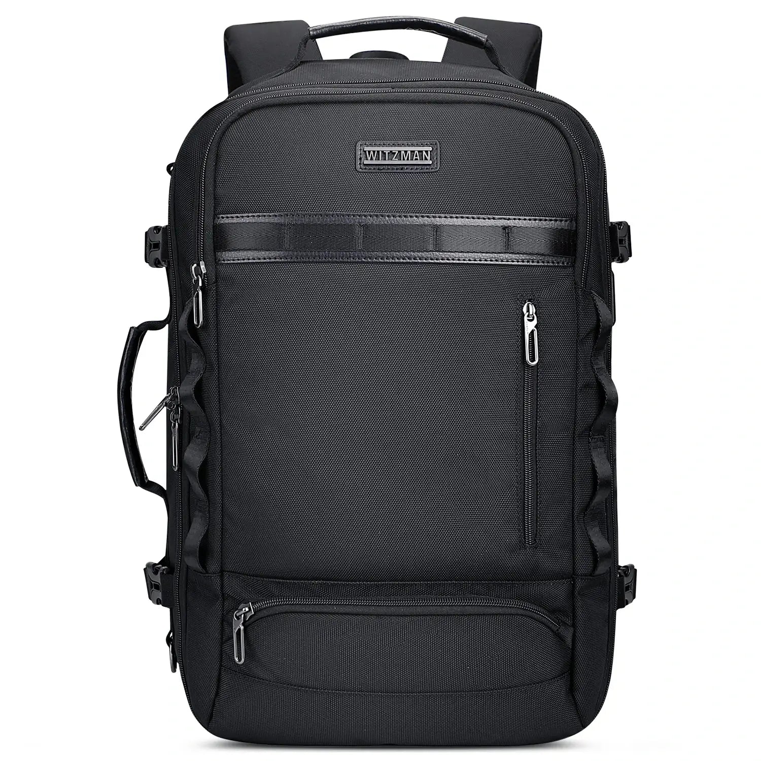 Urban travel backpack for men featuring layered exterior and clean modern styling BLACK
BAG