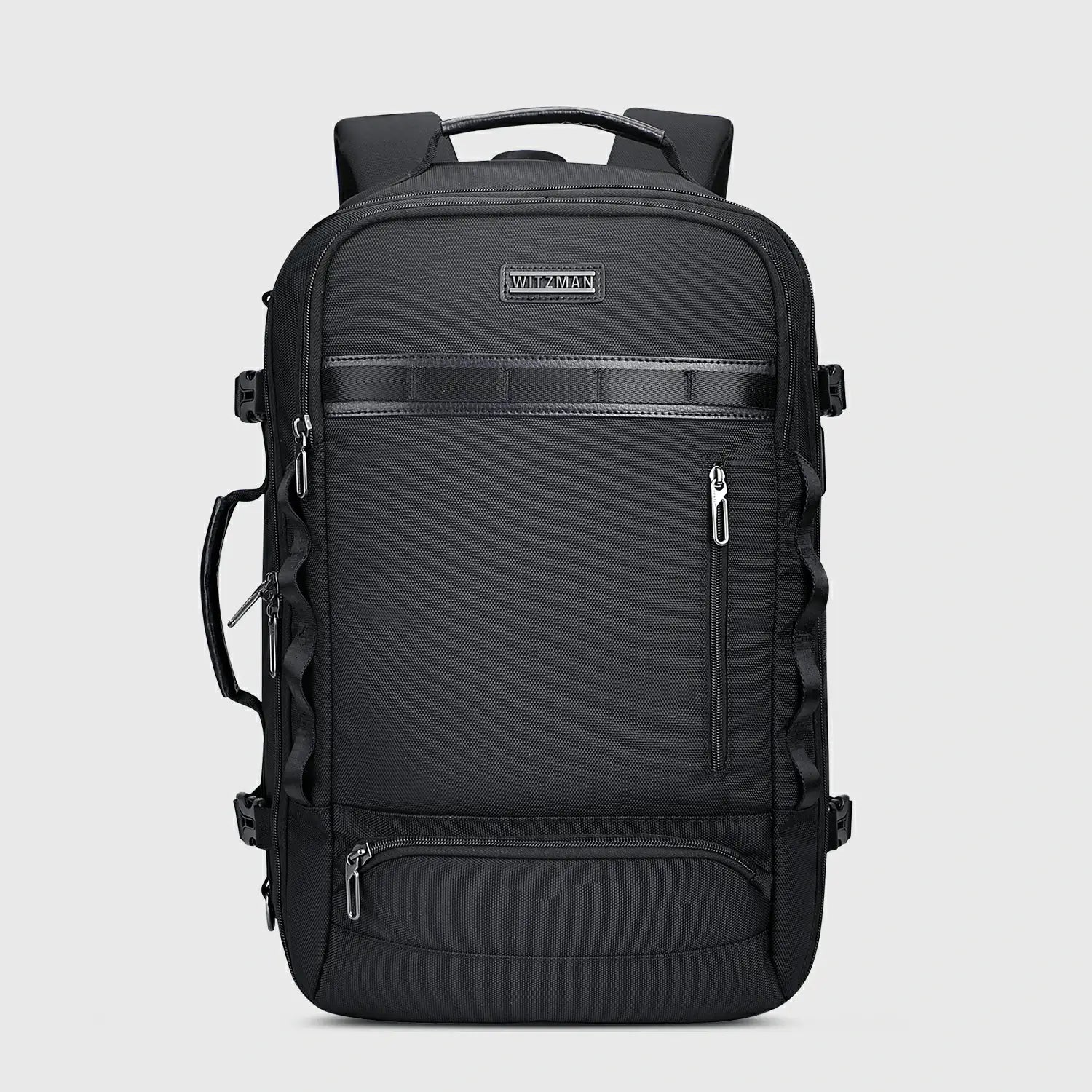 Urban travel backpack for men featuring layered exterior and clean modern styling BLACK
BAG