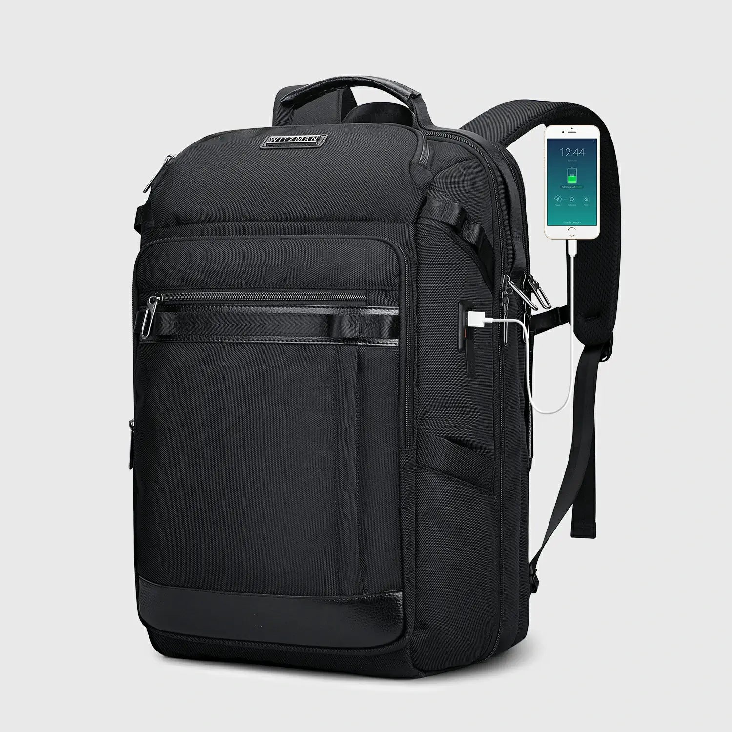 Carry on travel backpack for men with 36L capacity and USB charging port black business nylon backpack