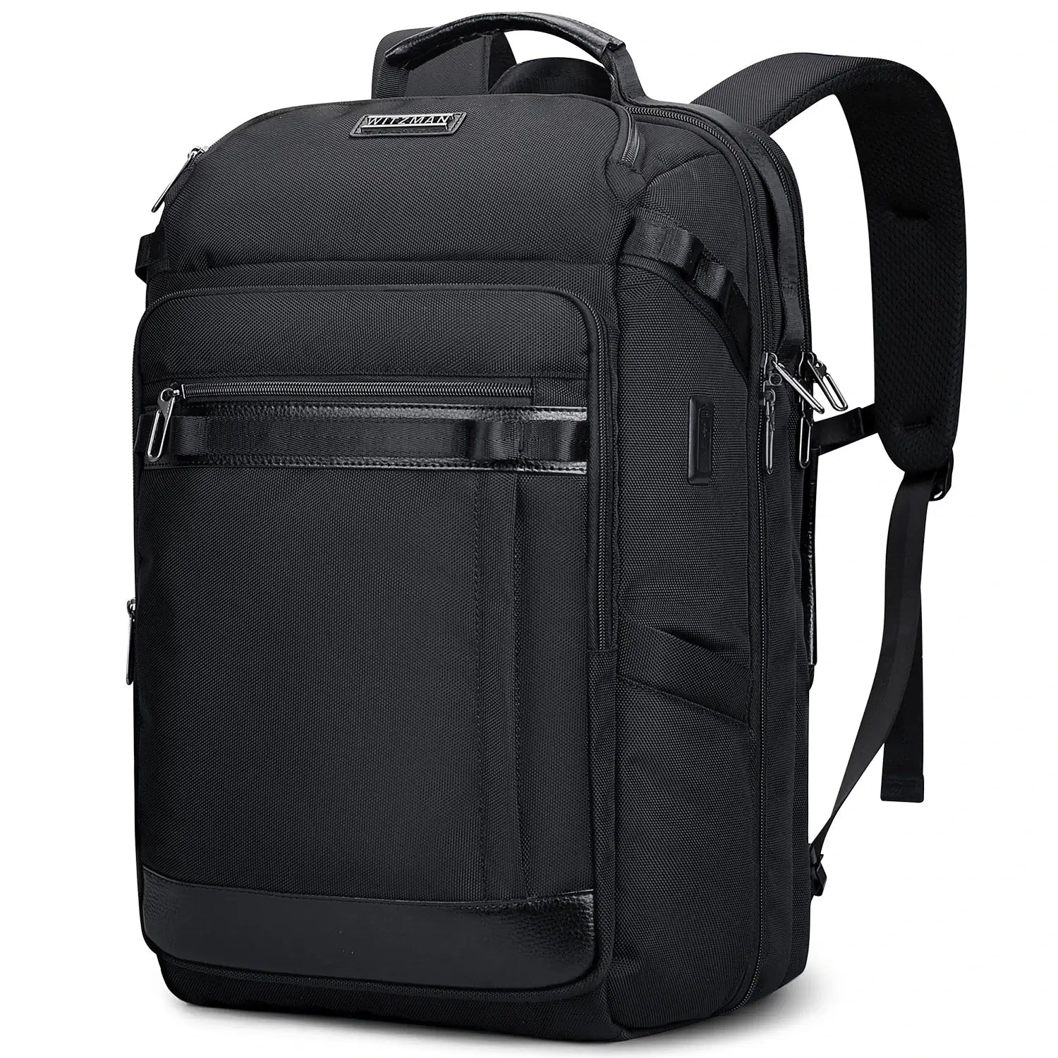 Carry on travel backpack for men with 36L capacity and USB charging port black business nylon backpack