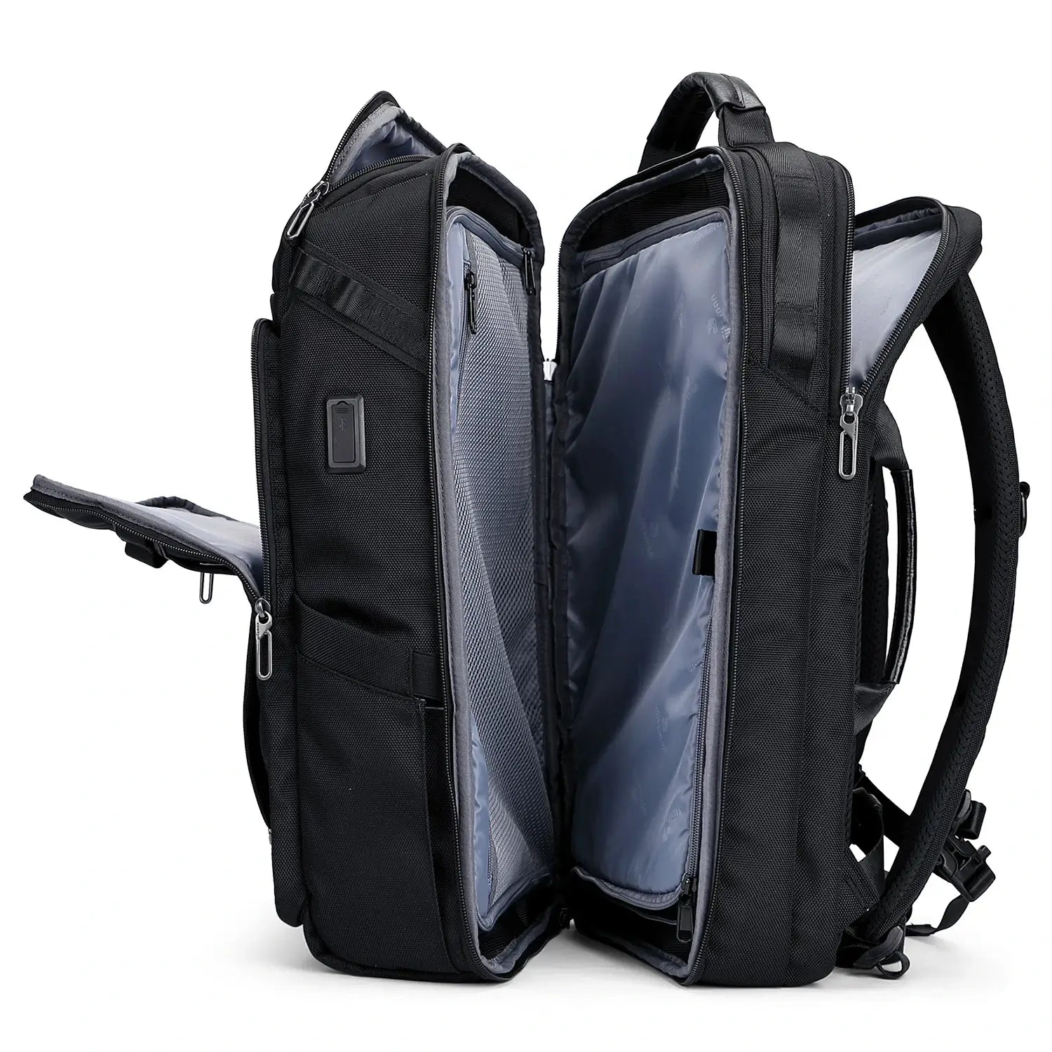Business travel backpack for men with suitcase-style 180 degree opening