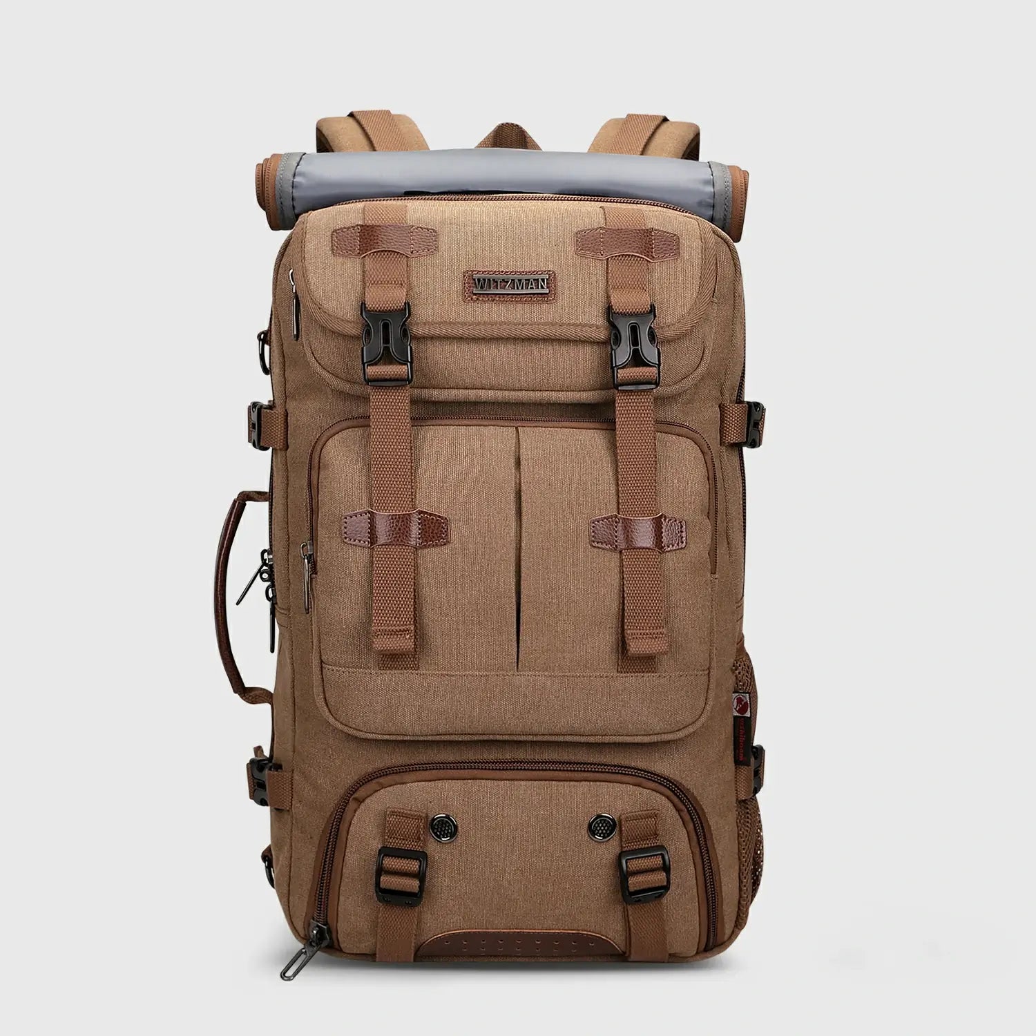 WITZMAN A8013 brown canvas travel backpack for men with 45L carry-on capacity and multiple compartments