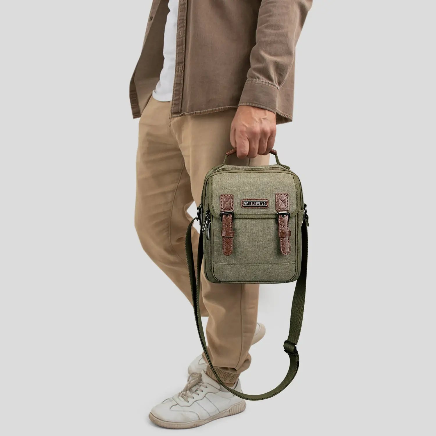 WITZMAN men’s canvas crossbody bag vintage sling messenger satchel for travel and everyday carry green bags