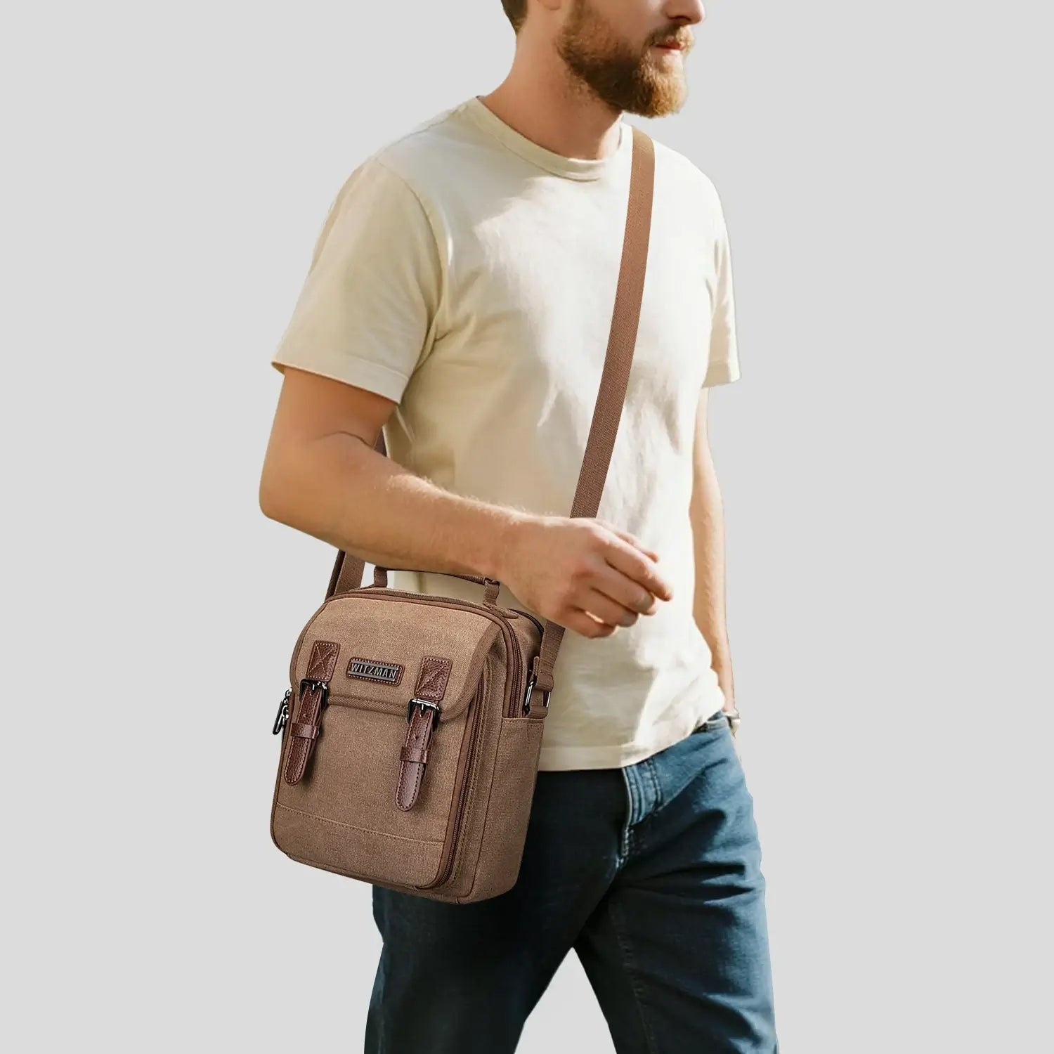 WITZMAN men’s canvas crossbody bag vintage sling messenger satchel for travel and everyday carry brown bags