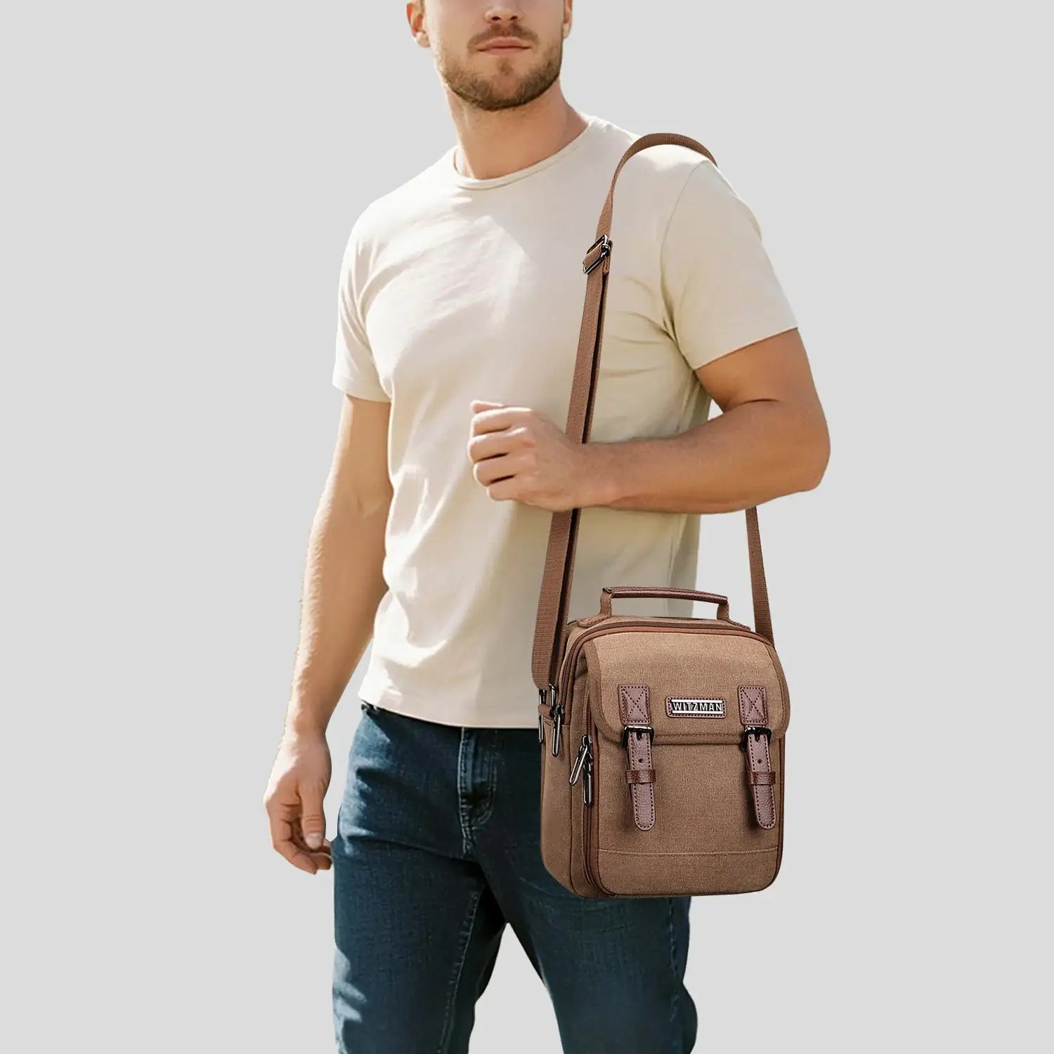 WITZMAN men’s canvas crossbody bag vintage sling messenger satchel for travel and everyday carry brown bags