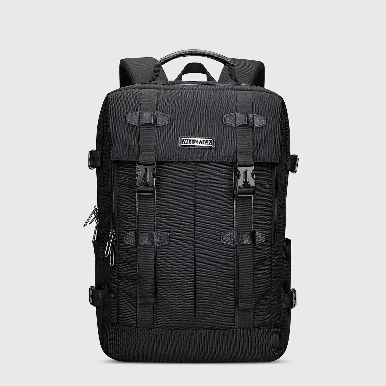 WITZMAN black nylon travel backpack for men with USB port and laptop compartment