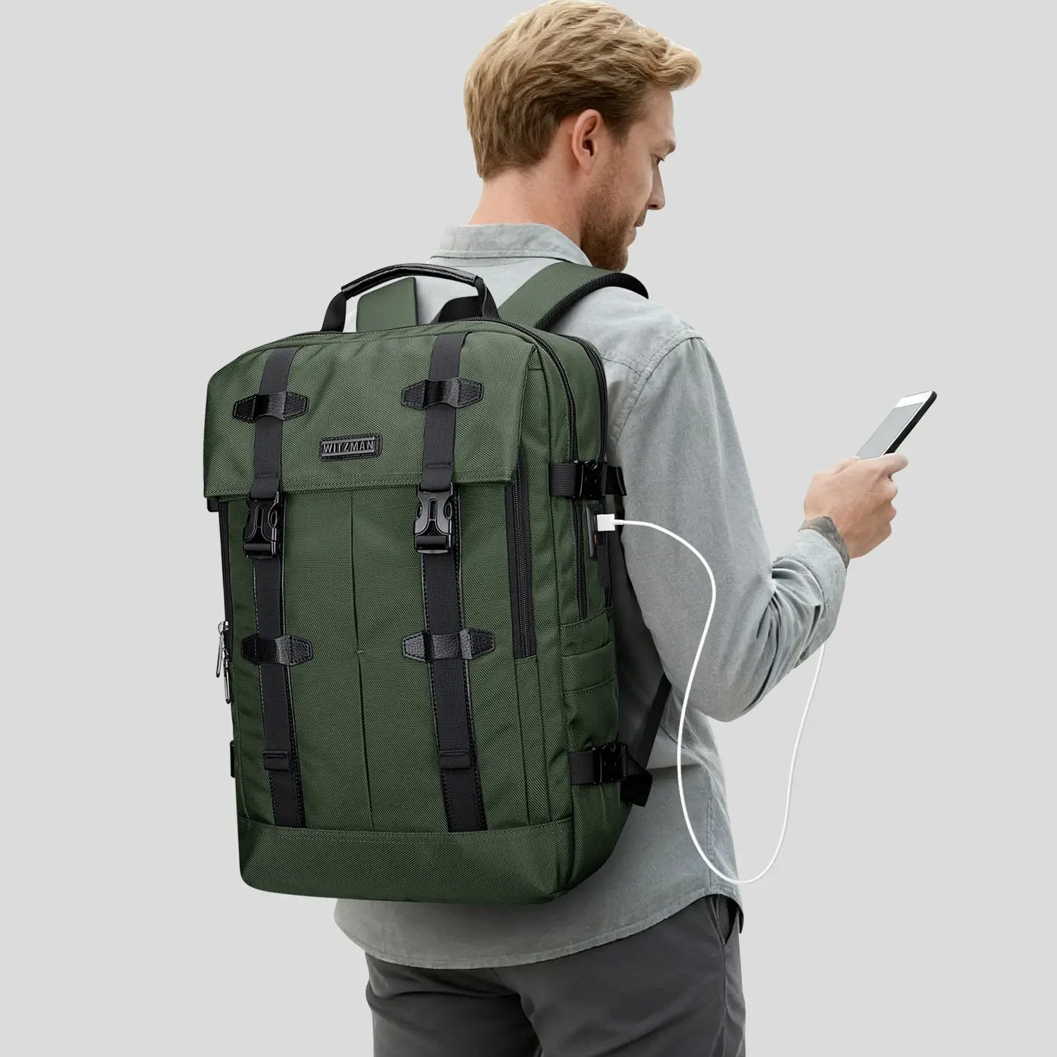WITZMAN army green nylon travel backpack for men b716 usb port