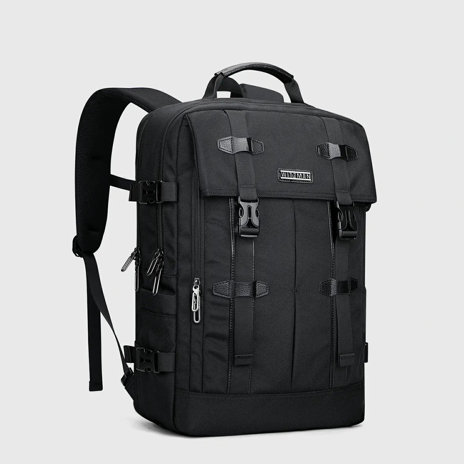 WITZMAN black nylon travel backpack for men with USB port and laptop compartment