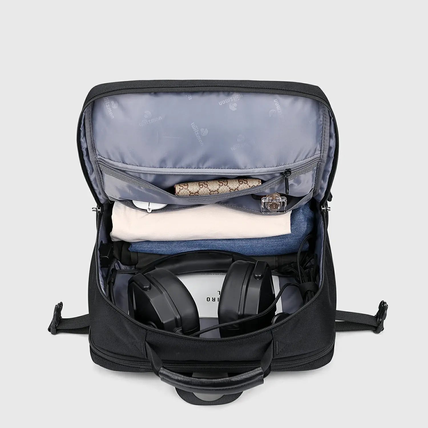 WITZMAN black nylon travel backpack for men with USB port and laptop compartment - black main pocket