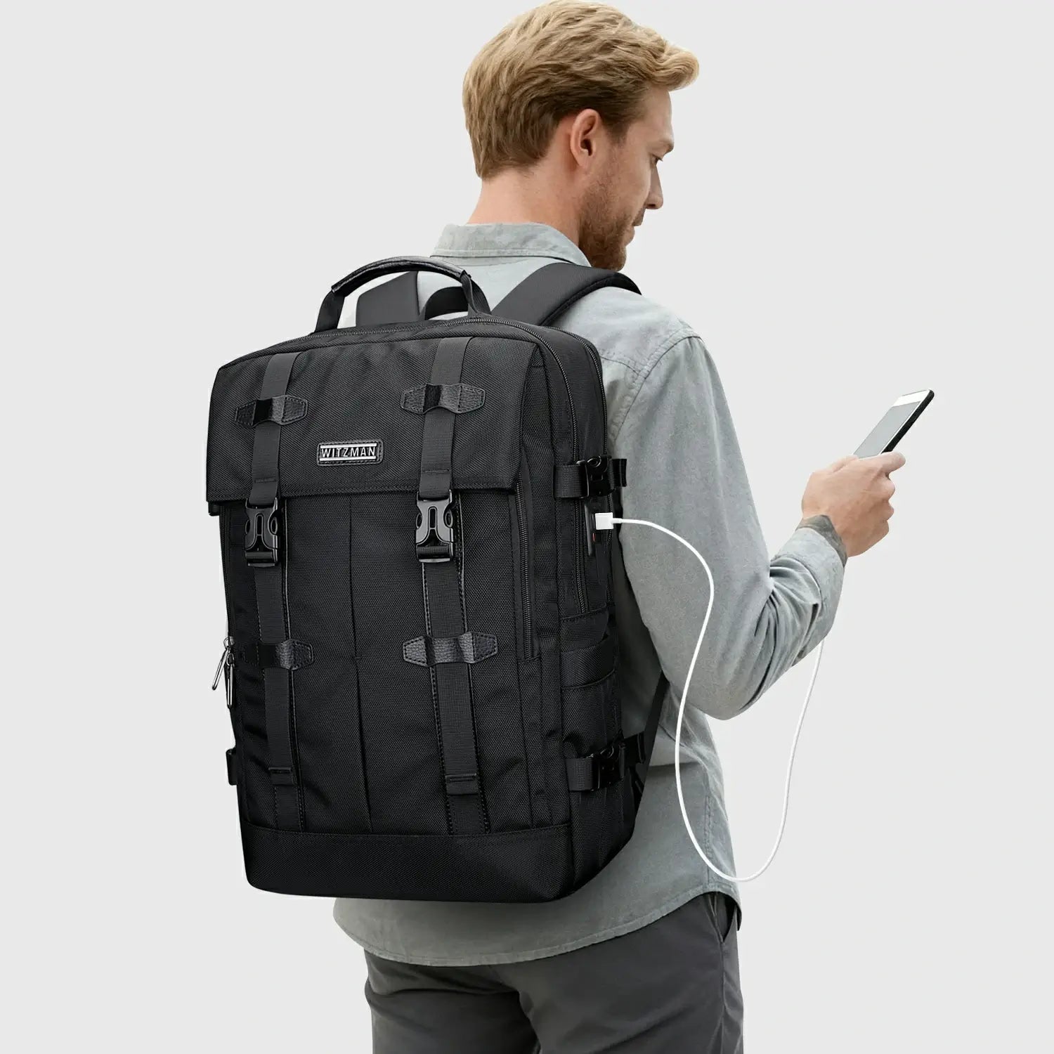WITZMAN black nylon travel backpack for men with USB port and laptop compartment - black bag