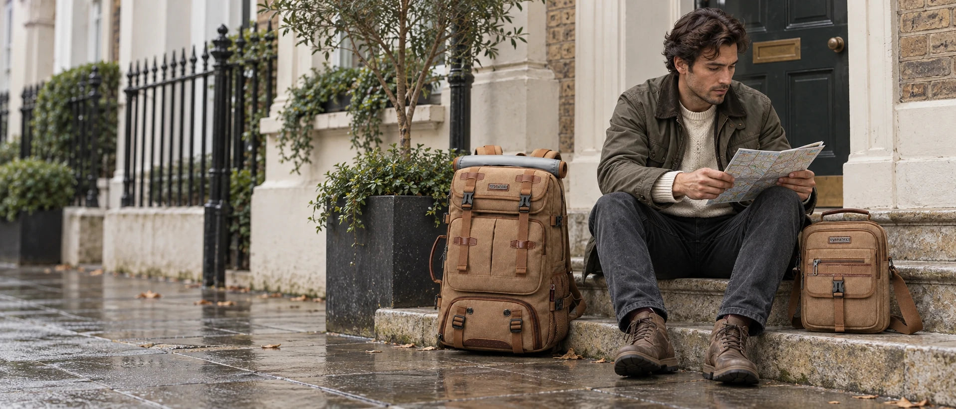 WITZMAN heritage travel backpack and matching shoulder bag outside a British townhouse