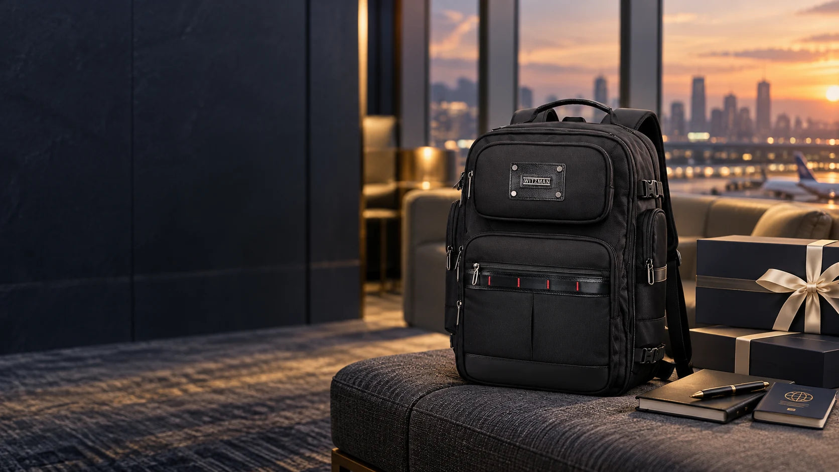 WITZMAN travel backpack and gift boxes in a cinematic business travel lounge scene