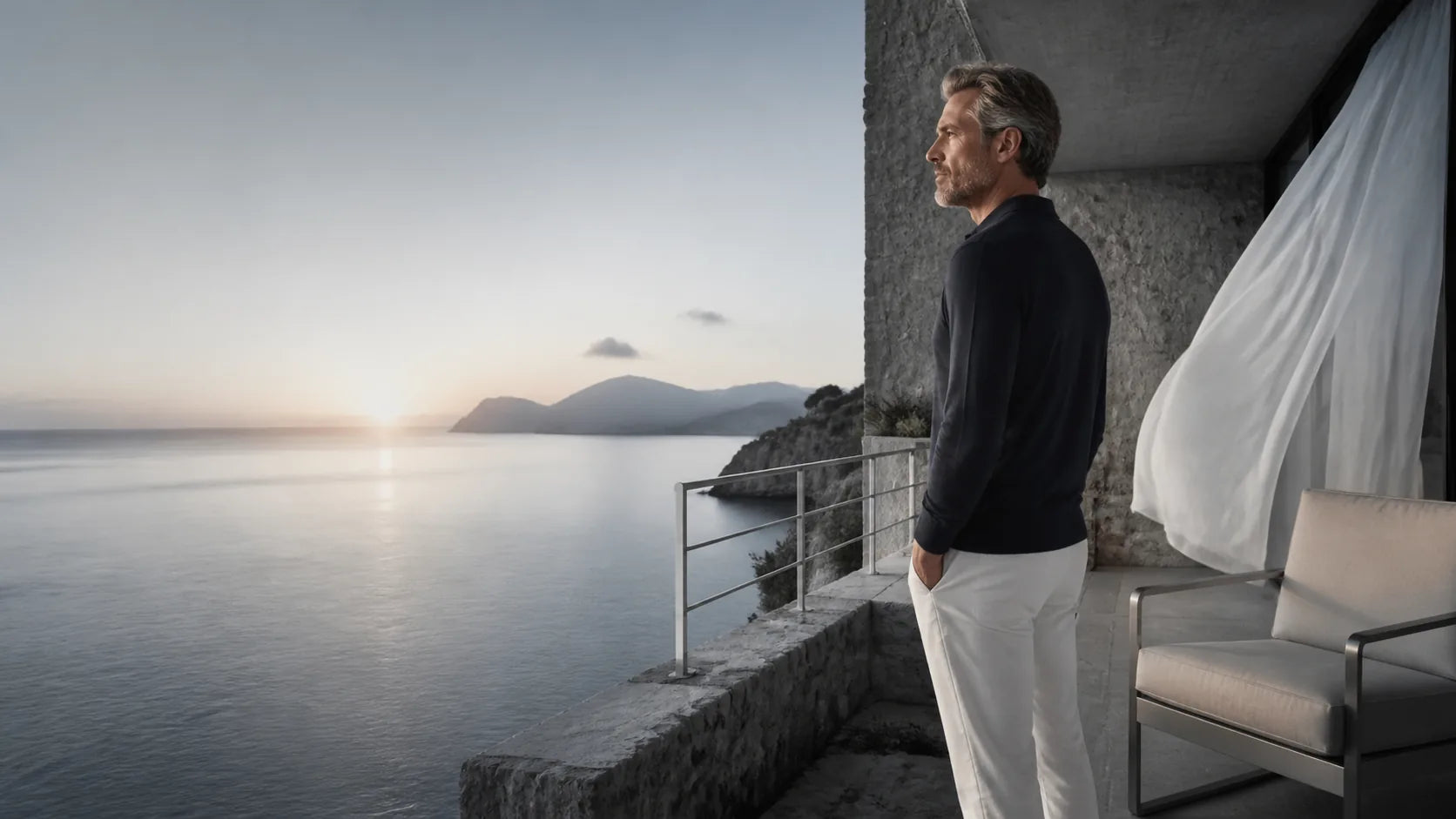 A mature traveler at a quiet Mediterranean coastal villa