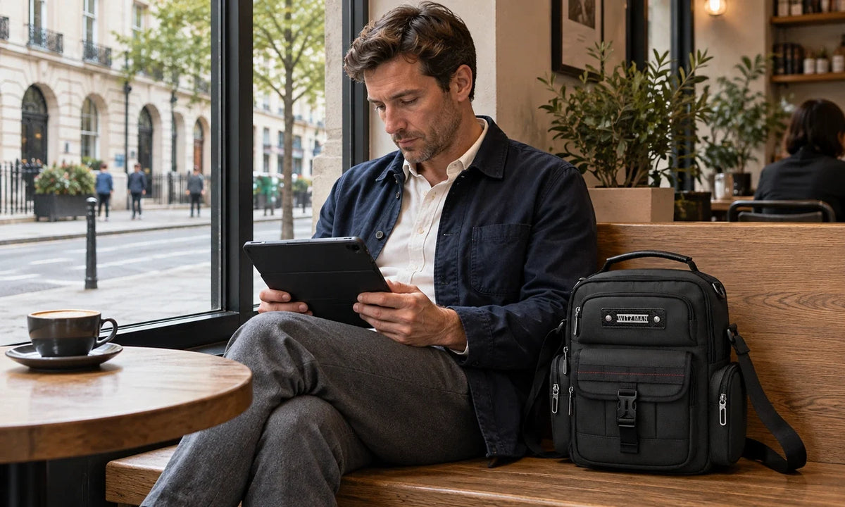 Man reading a cased tablet by a cafe window beside a black WITZMAN B782 nylon crossbody bag