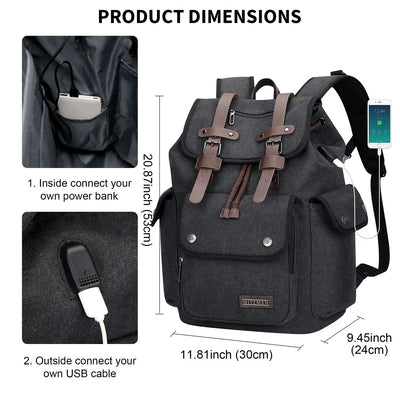 Canvas travel backpack with drawstring closure and laptop compartment for men and women a8004-2 black