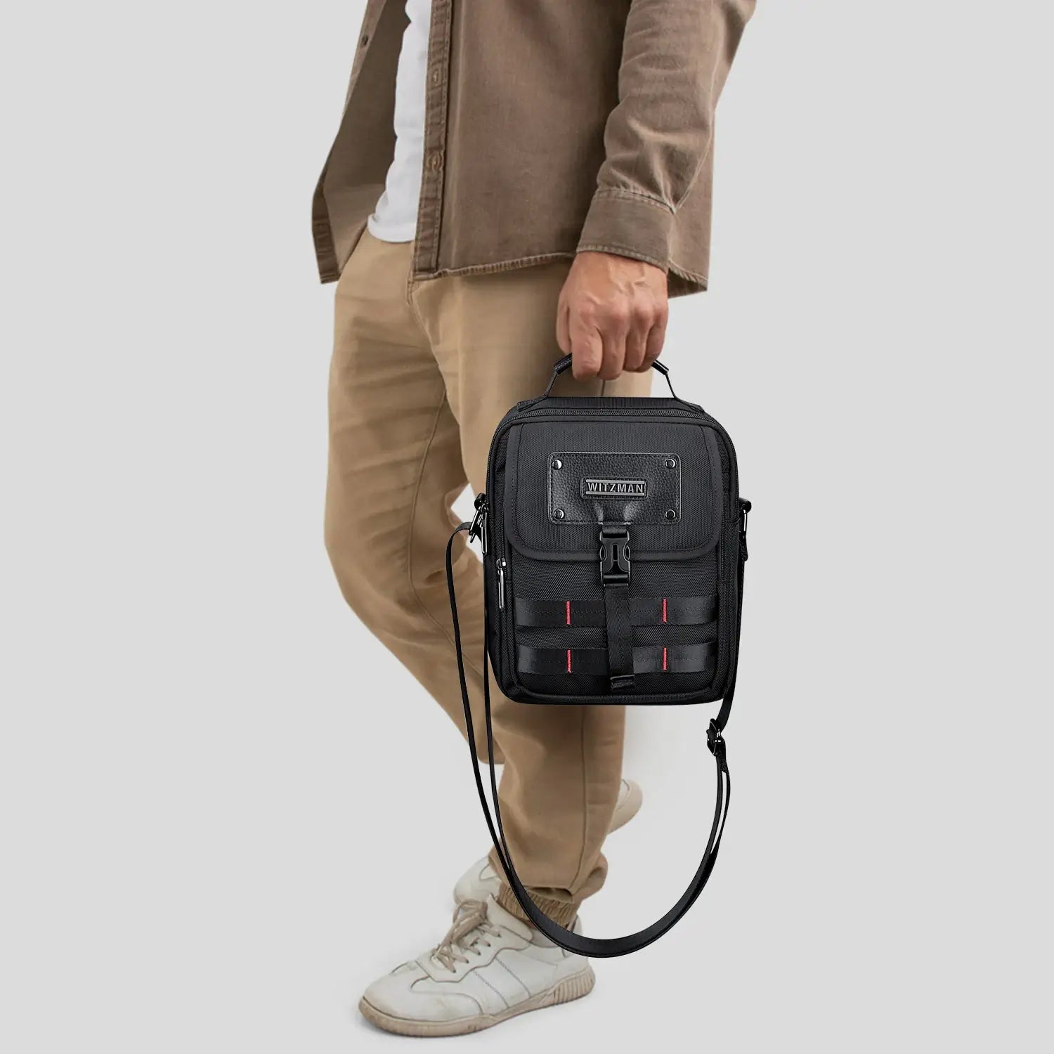WITZMAN B708 men’s lightweight nylon crossbody bag with front MOLLE webbing - black messenger bag