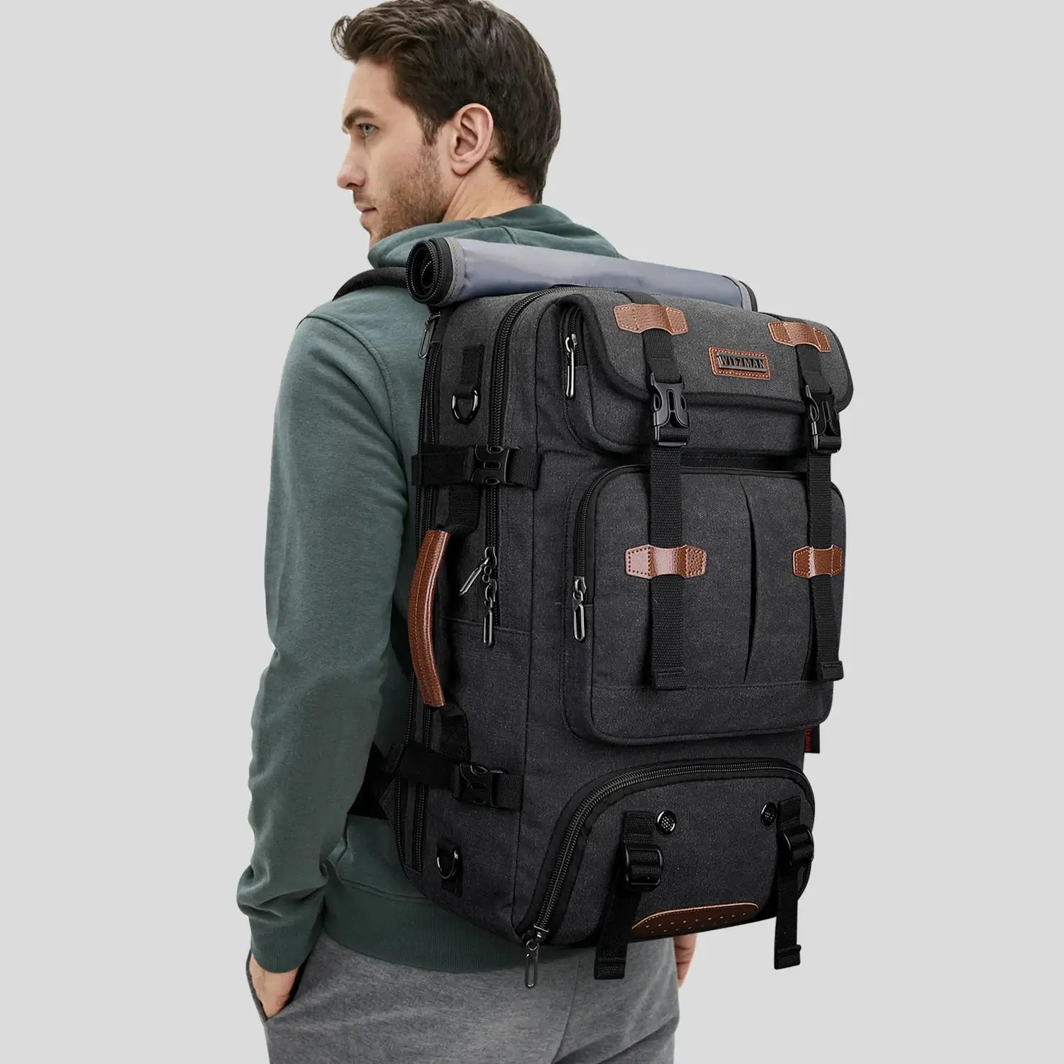 Convertible 40L travel backpack with USB port and 18+ compartments, fits 17 inch laptop,  a8013 best black backpack for men