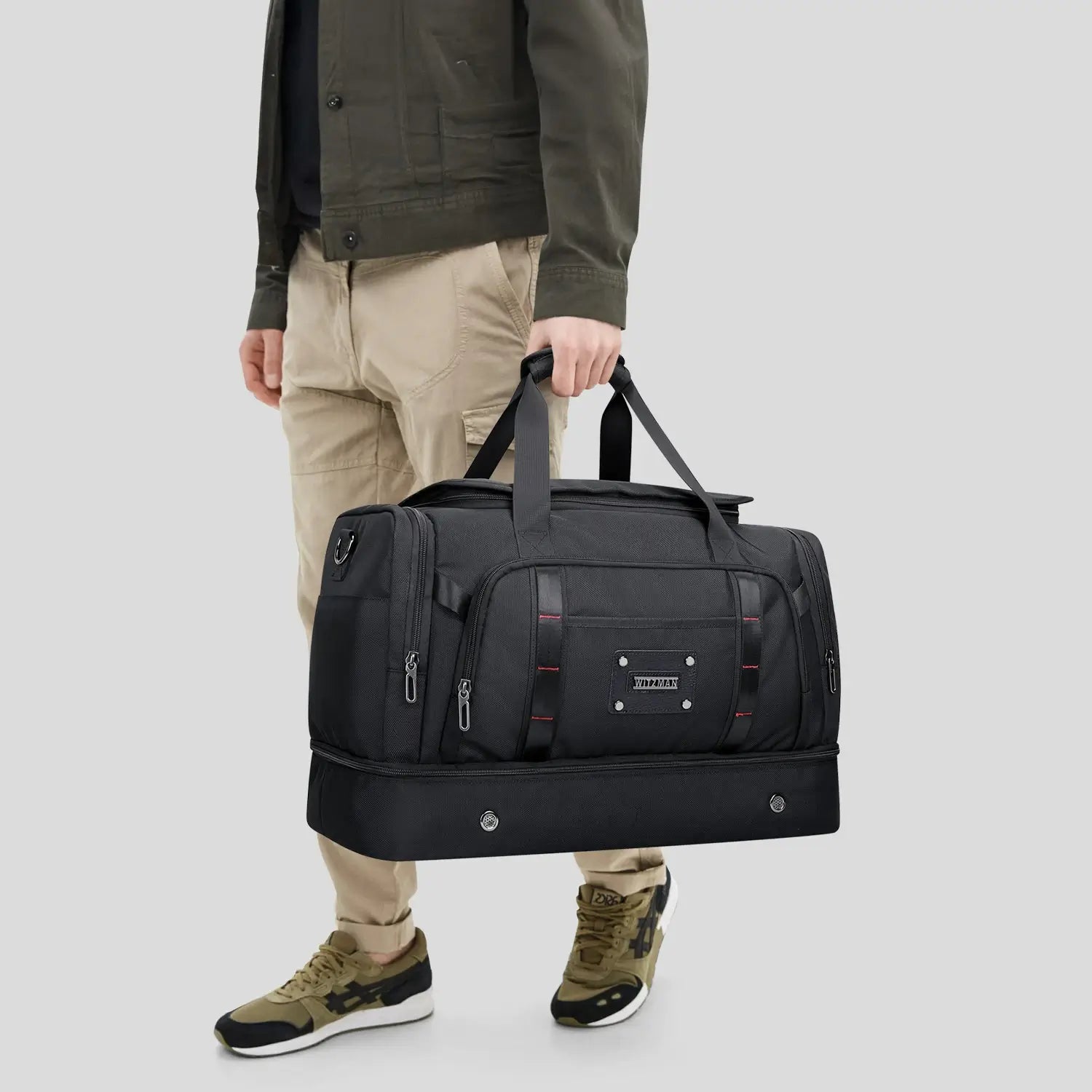 WITZMAN B720 men’s large nylon duffel bag with double-layer shoe compartment - black handel bag