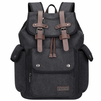 Canvas travel backpack with drawstring closure and laptop compartment for men and women a8004-2 black