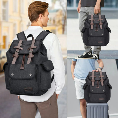 Canvas travel backpack with drawstring closure and laptop compartment for men and women a8004-2 black