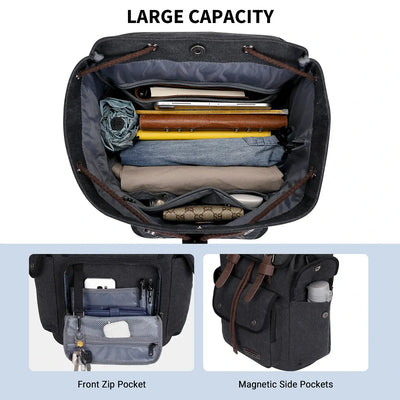 Canvas travel backpack with drawstring closure and laptop compartment for men and women a8004-2 black