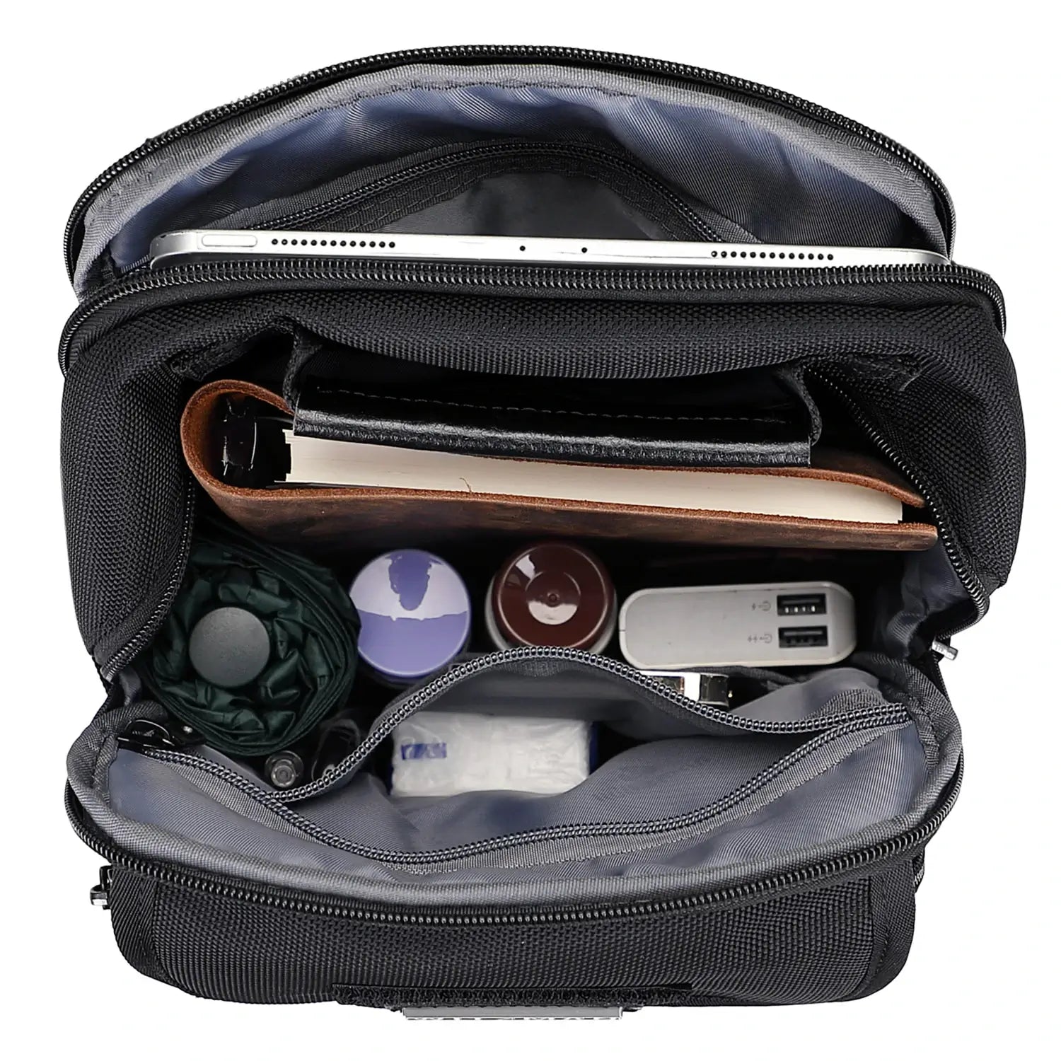 WITZMAN men’s black nylon crossbody sling bag with multiple compartments and iPad pocket B710