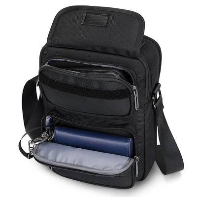 WITZMAN men’s black nylon crossbody sling bag with multiple compartments and iPad pocket B710