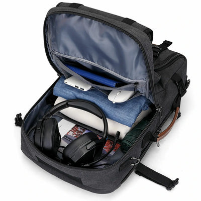 Convertible 40L travel backpack with USB port and 18+ compartments, fits 17 inch laptop, ideal for men and women a8013 best black backpack large